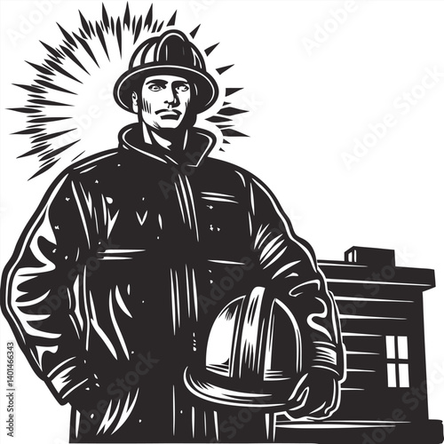 Firefighter posing with helmet under arm, sun behind Silhouette vector illustration