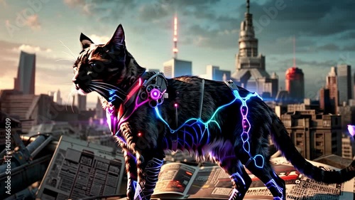 Cybernetic combat cat. The body half consisting of metal elements is intertwined with neon.