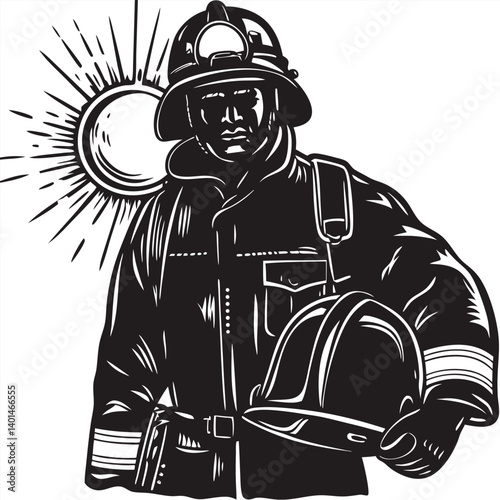 Firefighter posing with helmet under arm, sun behind Silhouette vector illustration