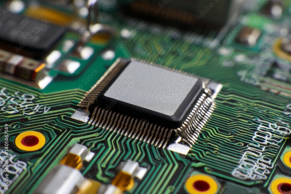 Detailed close-up of a microchip mounted on a colorful printed circuit board, emphasizing the technological complexity of electronics Generative AI Detailed close-up of a microchip mounted on a colorful printed circuit board, emphasizing the technological complexity of electronics Generative AI