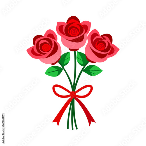 Bouquet of roses with a red ribbon bow. Vector illustration isolated on a white background. Pro Vector