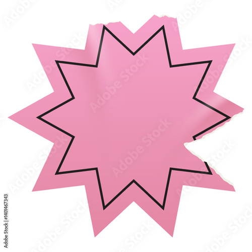 Wrinkled pink starburst sticker with a ripped paper edge. Sunburst, badge, price tag. Old distressed blank label with grunge  texture for scrapbook designs. 	