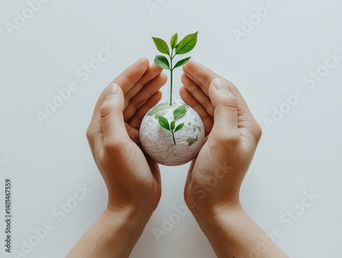 Hands holding Earth with a small plant, symbolizing environmental protection