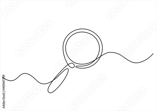 Magnifying glass in continuous one line drawing. Concept of Business analysis in simple outline style. Used for logo, emblem, web banner, presentation. Doodle Vector Illustration	