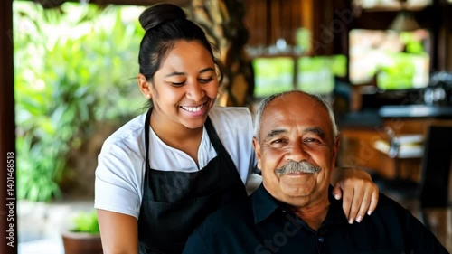 Young Hispanic woman providing home healthcare for father, senior home care concept