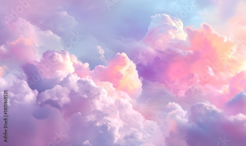 Dreamy pastel sky filled with fluffy clouds in shades of pink purple and light blue colorscape artwork