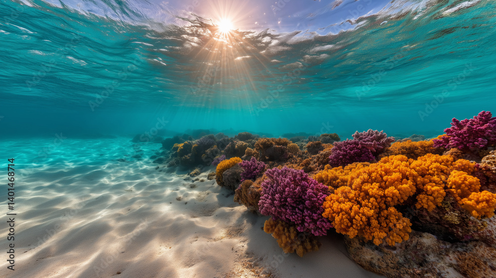Underwater view of colorful coral reef with orange and purple soft corals on sandy ocean floor, illuminated by sun rays shining through clear turquoise water
