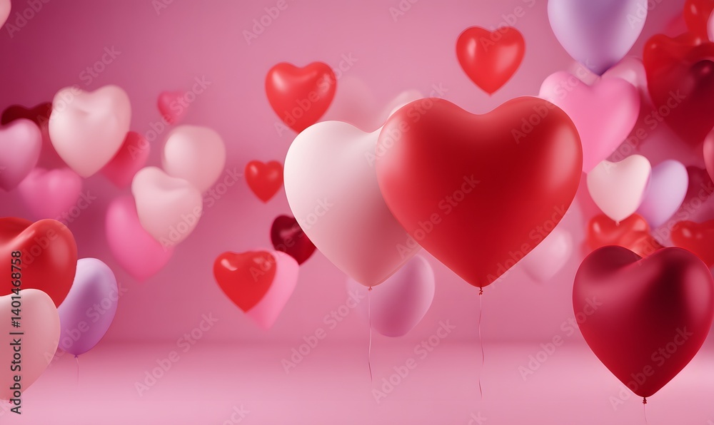 A collection of heart shaped balloons in shades of pink, red and white floating in a pink room A collection of heart shaped balloons in shades of pink, red and white floating in a pink room