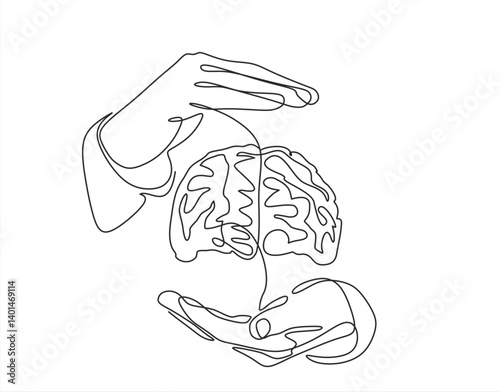 One continuous single line of hands hold brain. World Mental Health day is observed every year on October 10, A mental illness is a health problem	