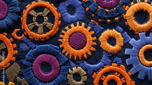 Colorful embroidered gear patch with hues of orange, blue, and purple, ideal for crafting, DIY projects, and decorative uses.