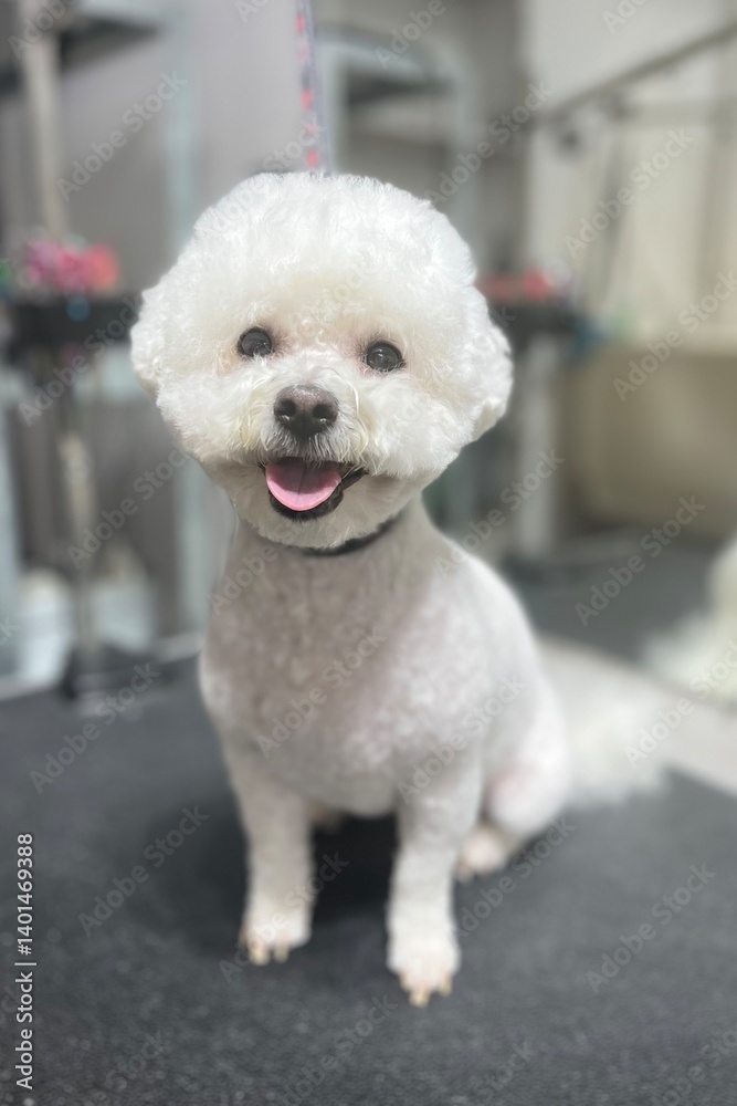 Bichon Frise dog with short haircut after grooming grooming salon cute pet Bichon Frise dog with short haircut after grooming grooming salon cute pet