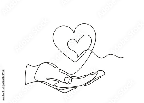 One continuous line drawing of hand holding hearts. Concept of love relationship and volunteer organisation symbol in simple linear style. Editable stroke. Doodle Vector illustration	