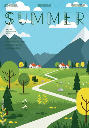 Summer season, nature landscape poster. Mountains, trees, plants, flowers, fields. Can be used for decorative wall decorations.