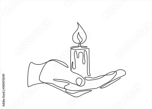 Continuous line drawn human hand hold candle flame. Memorial linear symbol. Vector illustration isolated on white. Editable stroke.	