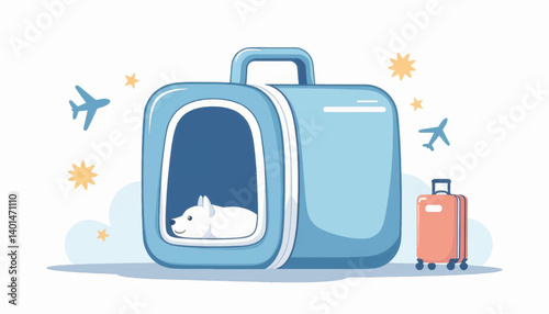 Cute dog resting in travel pet carrier with travel icons, pet travel