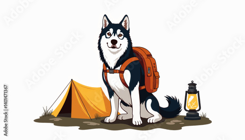 Siberian husky with backpack among camping gear, adventure concept