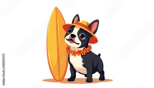 Cheerful French bulldog wearing sun hat and lei next to surfboard, summer fun