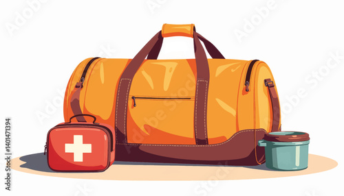 Modern pet travel bag with first aid kit and food container, travel essentials