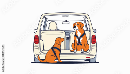 Pet-friendly car interior with dogs in safety harnesses, safe travel