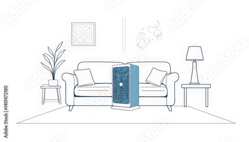 Geometric air purifier in minimalistic room, clean air concept