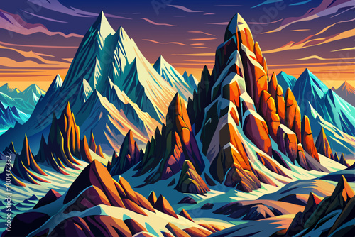 Alpine Mountain peak view snowy landscape with clear sky. vector illustration background, snow alp overlook bathed