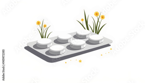 Allergy relief tablets in blister pack with grass pollen illustrations, health