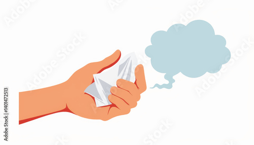 Hand holding tissue with sneeze cloud in background, health concept