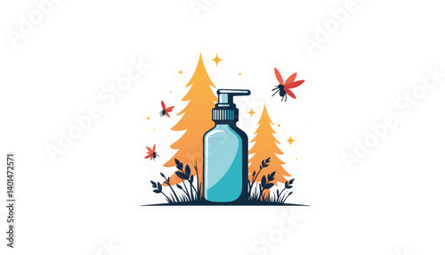 Geometric nasal spray bottle surrounded by abstract outdoor symbols, wellness