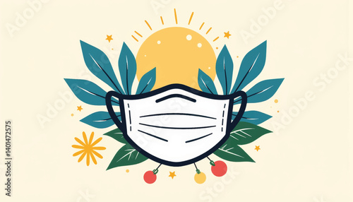 Geometric allergy mask surrounded by leaves and sunlight, health concept