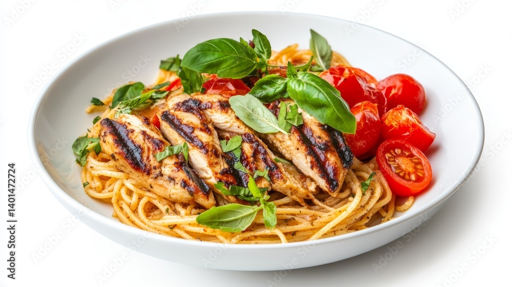 Savory bowl of pasta with grilled chicken, tomatoes, herbs, and flavorful sauce isolated on white background Savory bowl of pasta with grilled chicken, tomatoes, herbs, and flavorful sauce isolated on white background