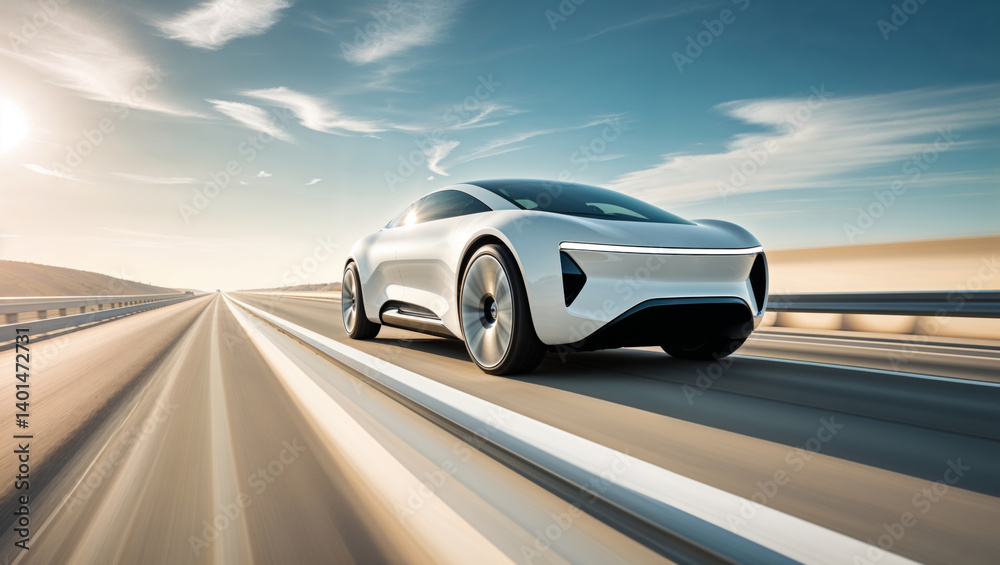 A white, futuristic electric car speeds along a highway under a vast blue sky and sunshine. A white, futuristic electric car speeds along a highway under a vast blue sky and sunshine.