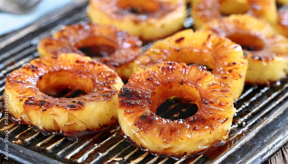 Grilled pineapple rings with a caramelized finish, adding a sweet and savory twist