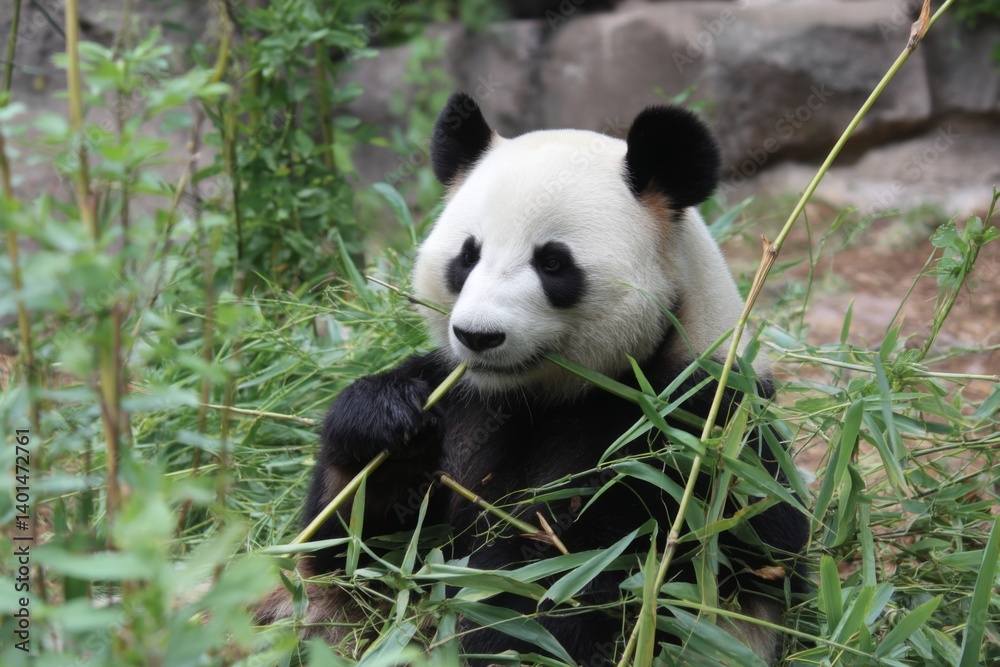 Fototapeta premium A panda sits amidst green foliage, munching on fresh bamboo in a natural habitat, showcasing its playful demeanor and curiosity Generative AI