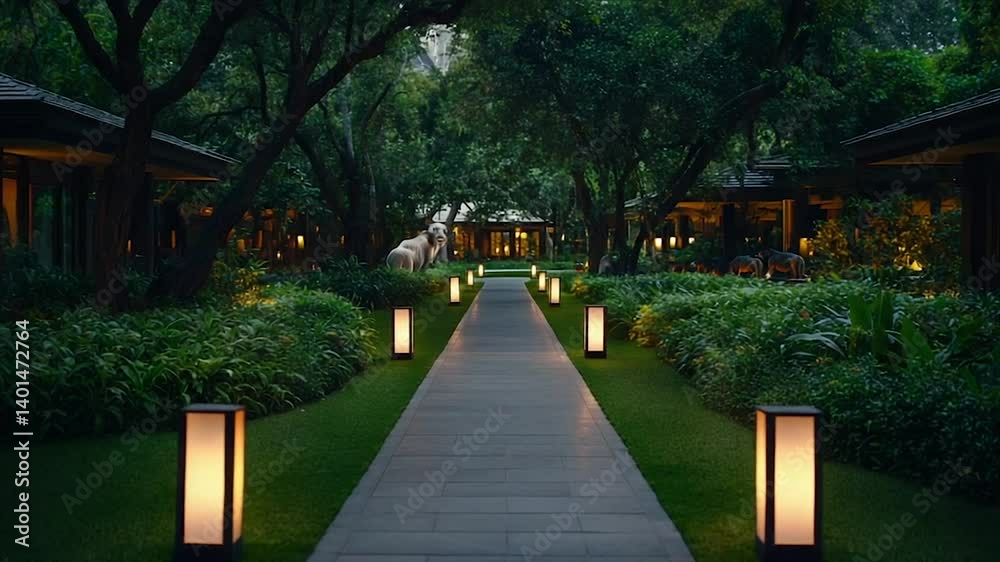 Serene Evening Walkway at a Luxurious Resort Serene Evening Walkway at a Luxurious Resort