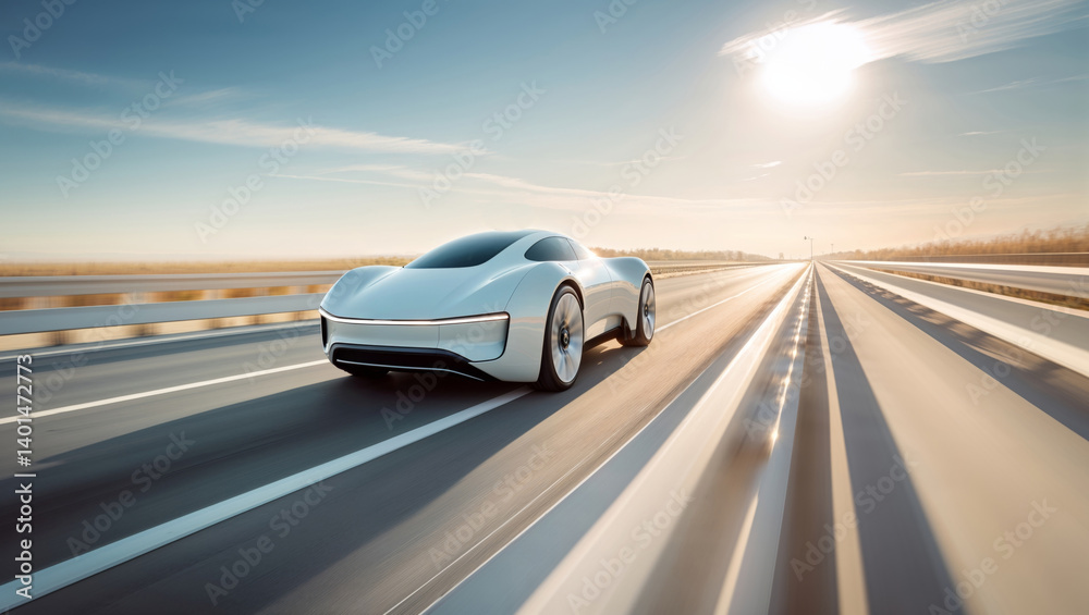 A white futuristic sports car speeds down a highway on a sunny day, blurred by speed. A white futuristic sports car speeds down a highway on a sunny day, blurred by speed.