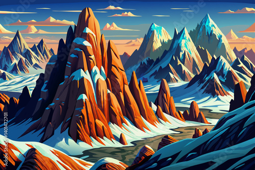 Alpine Mountain peak view snowy landscape with clear sky. vector illustration background, snow alp overlook bathed