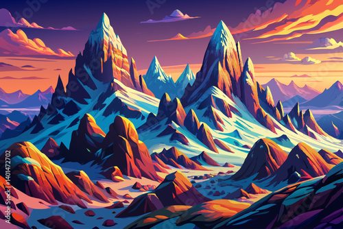 Alpine Mountain peak view snowy landscape with clear sky. vector illustration background, snow alp overlook bathed