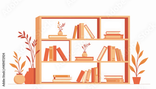 Abstract geometric bookshelf with plants, minimalistic study room