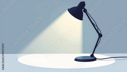 Modern desk lamp illuminating workspace on white surface, minimalism