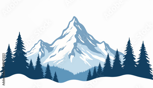 Snowy mountain peak with pine trees and clear sky, serene landscape