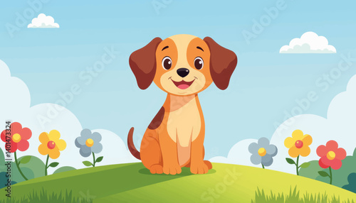 Happy cartoon dog sitting on grassy hill, joyful playfulness