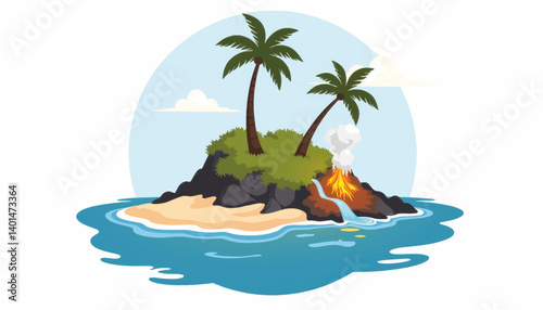 Tropical volcanic island with palm trees and ocean waves, adventure concept