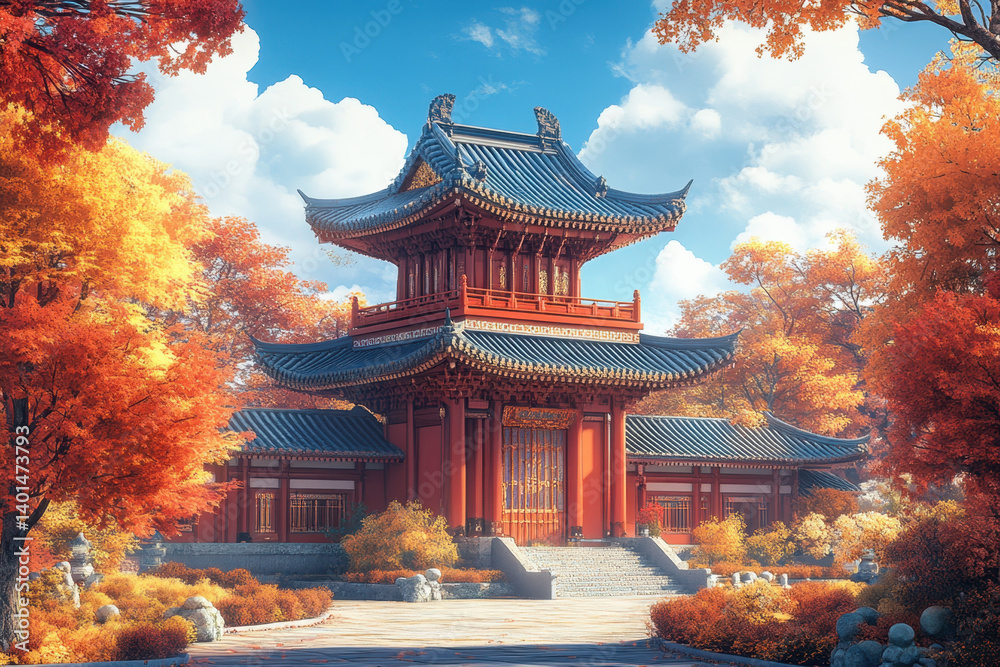 Chinese tower  surrounded by vibrant fall foliage under a clear blue sky.