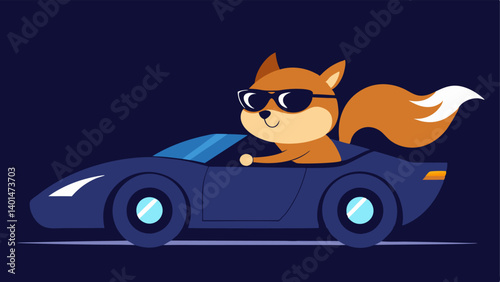 Night Drive A stylish squirrel with dark sunglasses drives a black sports coupe under a starry night sky. The cars headlights glow brightly illuminating the road ahead. The