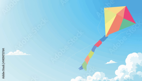 Colorful kite soaring in clear blue sky, joyful freedom