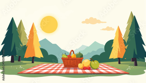 Cheerful picnic scene with basket and fruits, joyful nature escape