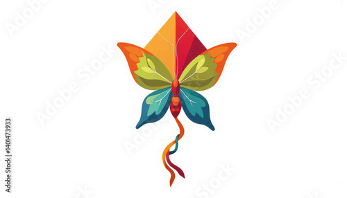 Cheerful geometric butterfly kite flying, vibrant creativity