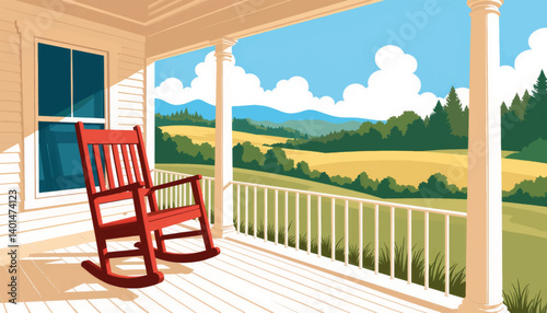 Vintage rocking chair on porch overlooking countryside, simplicity