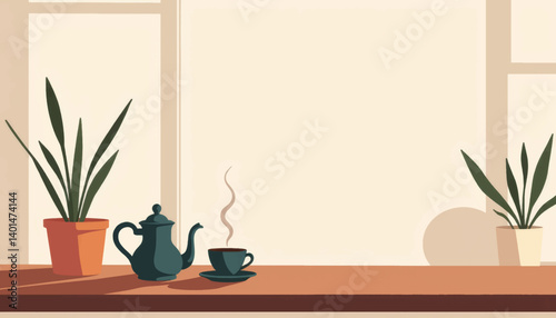 Minimalist tea set and steaming cup on wooden table, calm ambiance