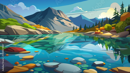 Still waters of a transparent alpine lake reveal colorful stones beneath the surface.